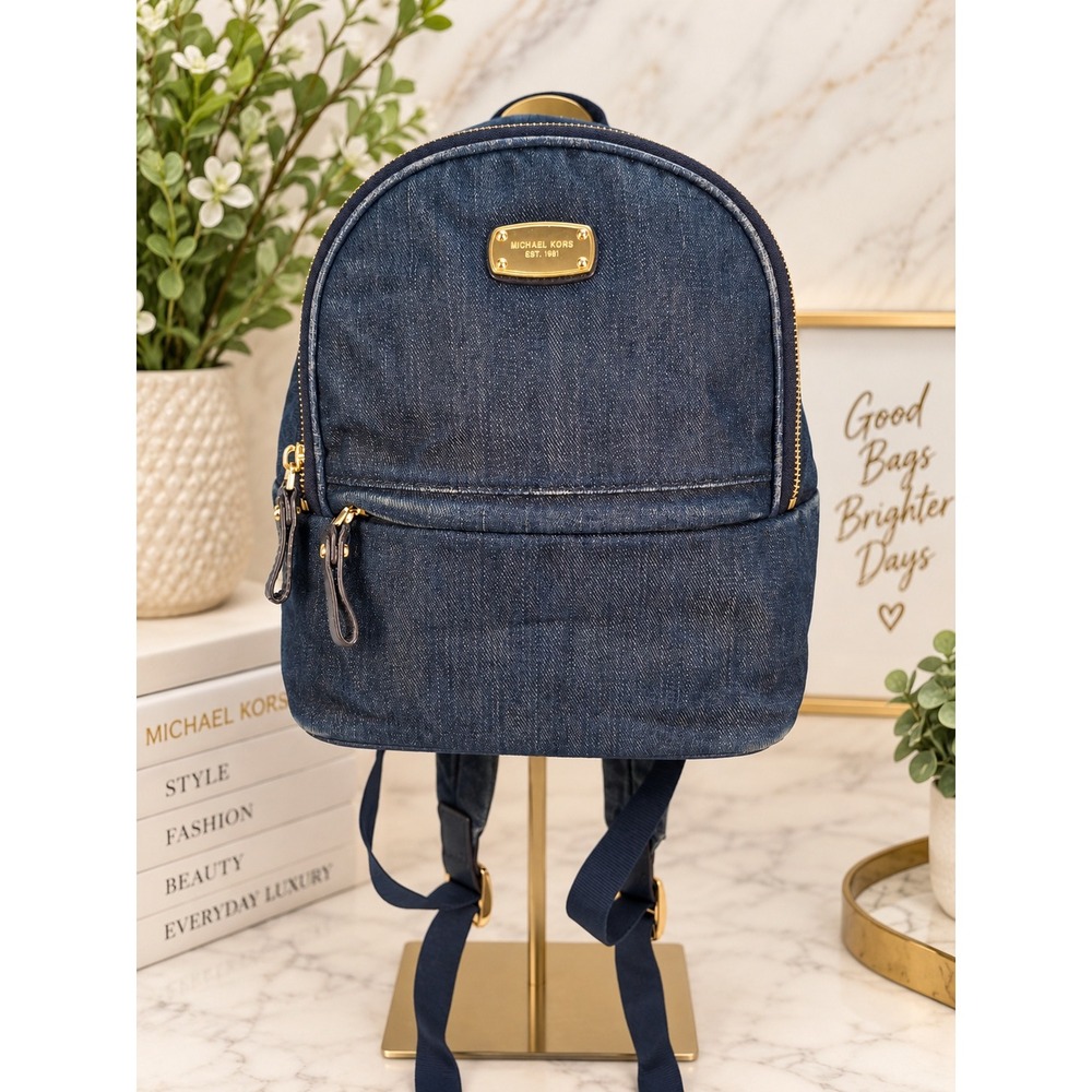 Michael Kors Mini Backpack Dark Wash Denim Gold Hardware Blue Bag